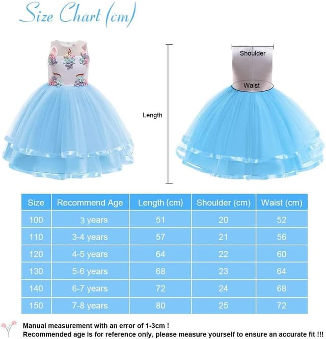 Detalle de URAQT Mädchen Prinzessin Kleid mit Einhorn-Design (inkl. Halskette & Stirnband) – Blau, 110 cm