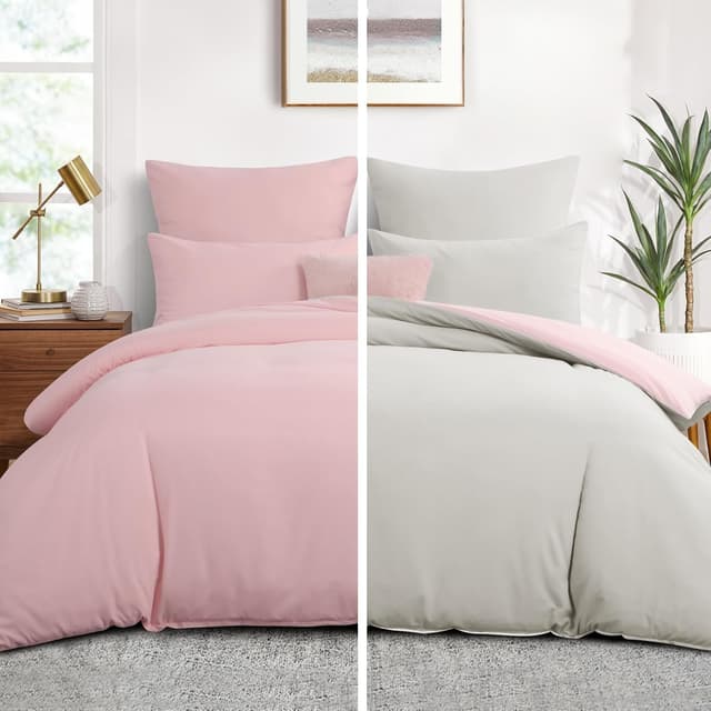 Detalle de Aisbo Bettwäsche 200x200 (3-teilig) Rosa/Beige – Wendebettwäsche aus Mikrofaser mit Reißverschluss