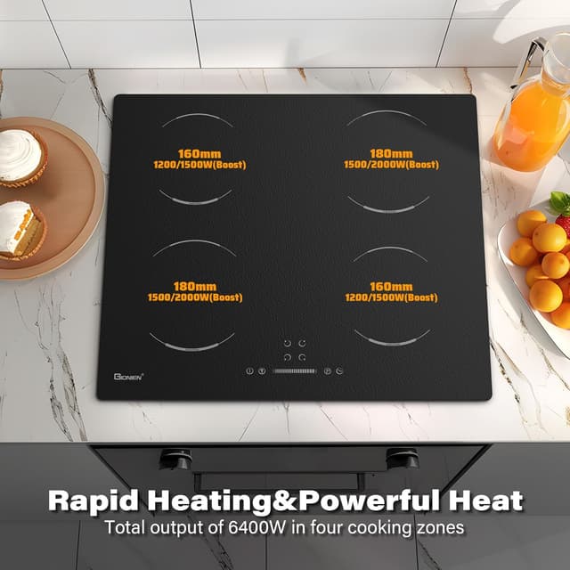 Detalle 2 de GIONIEN Induktionskochfeld 60 cm mit 4 Zonen, Timer & Kindersicherung (6400 W)