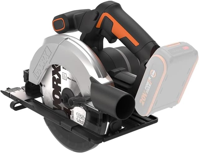 Detalle de WORX WX526.9 sega circolare a batteria 20 V da 165 mm, taglio massimo 55 mm e inclinazione 0–50°