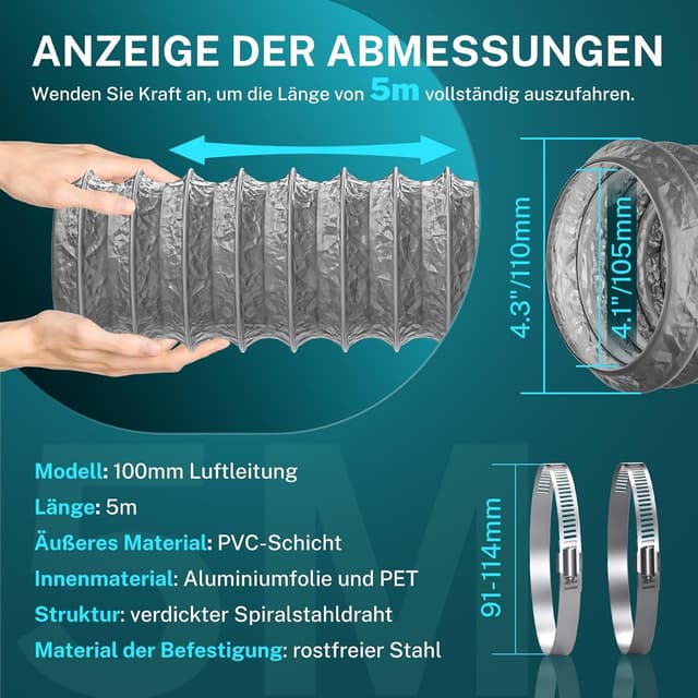 Detalle 2 de HG Power Abluftschlauch 100 mm, 5 m – flexibler PVC-/Alu-Lüftungsschlauch mit Schall-/Dichtwirkung