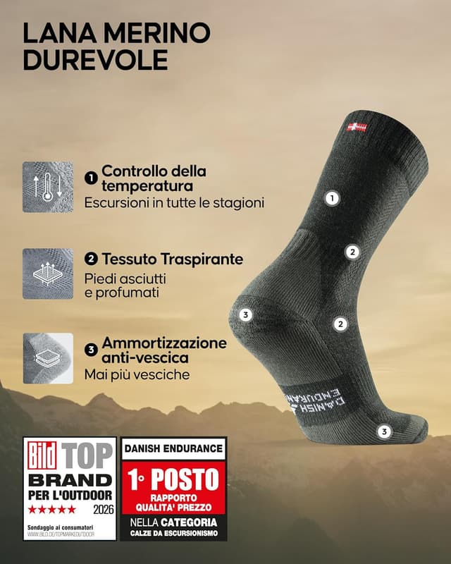 Detalle de Danish Endurance Calze Trekking in Lana Merino anti-vesciche (uomo, donna, bambino) – confezione 3 o 5 paia