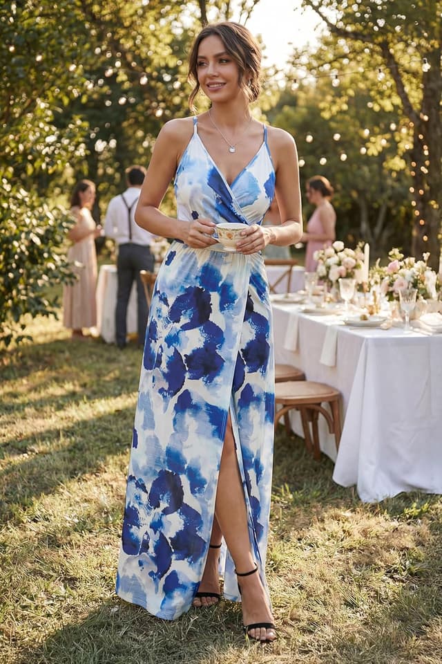 Detalle de Newshows Damen Sommerkleid Lang Maxikleid mit V-Ausschnitt, Spaghettiträgern und Schlitz