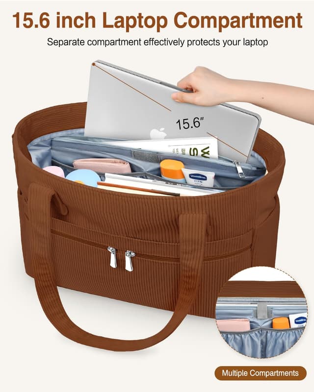 Detalle 2 de LUROON women’s laptop tote bag with zip, large capacity corduroy work & school handbag