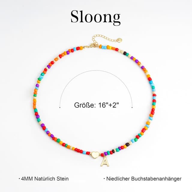 Detalle 2 de SLOONG Bunte Buchstaben-Perlenkette mit personalisiertem Namensanhänger (Choker) – Herz-Charm & Boho-Design