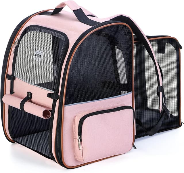 Detalle de Lekesky Large Cat Carrier Backpack Expandable (Pink) – Pet backpack for small dogs & medium cats up to 25 lbs