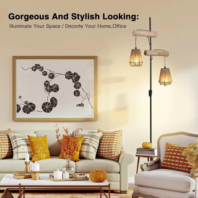 Detalle 2 de Osasy Lámpara de pie Boho con ratán 2 pantallas