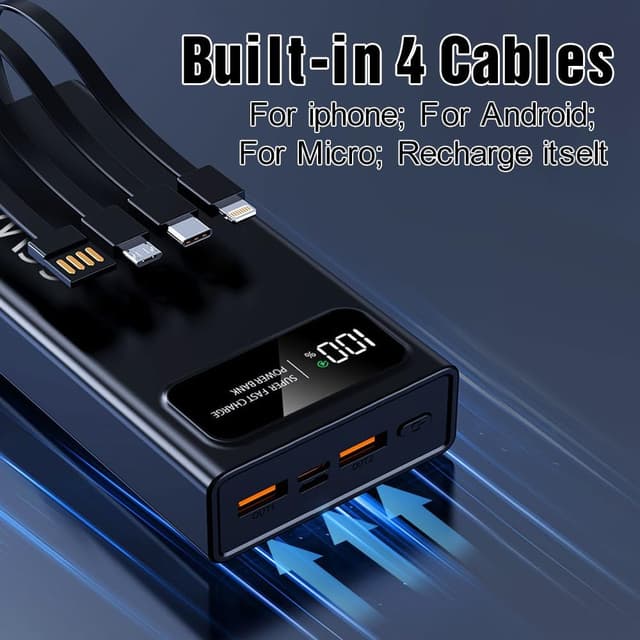 Detalle de Power Bank 22,5W con PD e batteria da 27.000 mAh con 4 cavi integrati (USB‑C/Lightning/Micro)