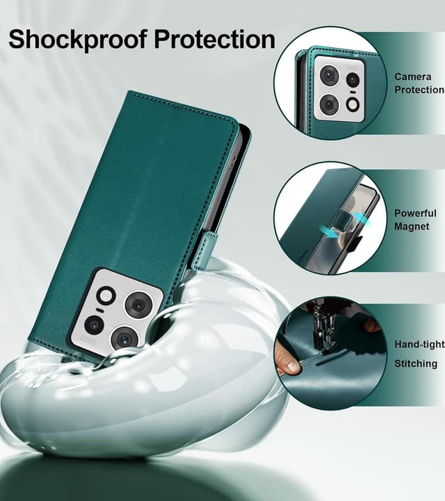 Detalle de Yunubeyii Handyhülle für Motorola Moto Edge 50 Pro – RFID-Blocker Klapphülle mit Kartenfächern, Magnetverschluss & Ständer (Grün)