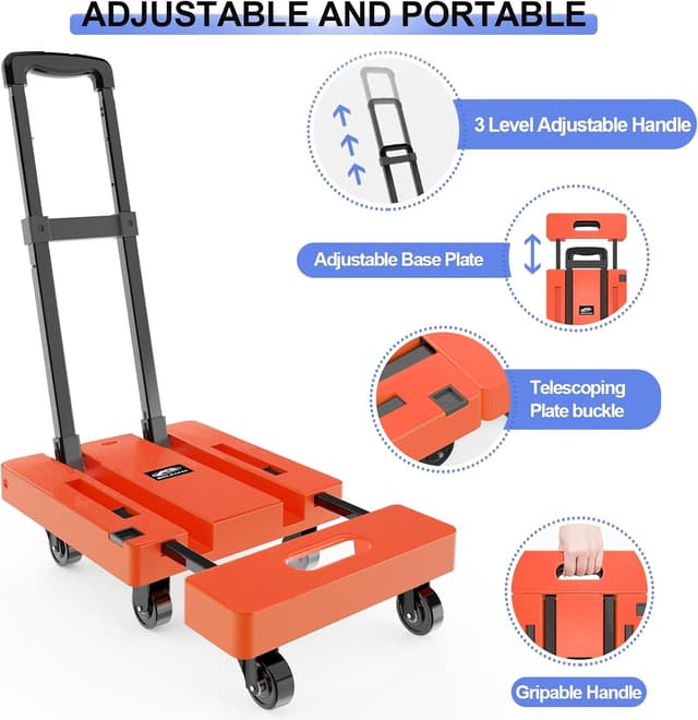 Detalle 2 de SOLEJAZZ Folding Hand Truck (Portable Dolly) 500LB capacity with 6 wheels, 3-height handle, orange
