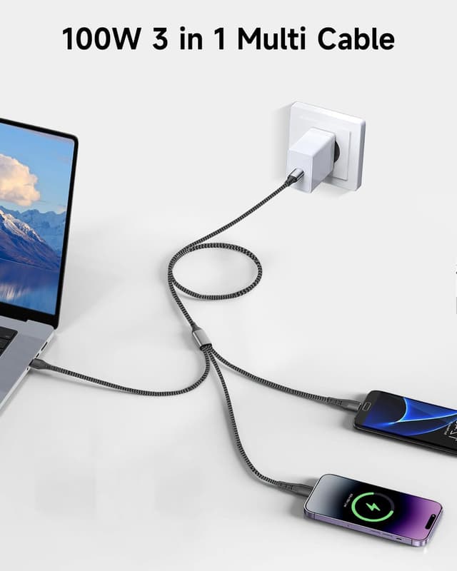 Detalle de Anssan Câble Multi USB‑C 3 en 1 Charge rapide (100 W) Nylon – 1,2 m