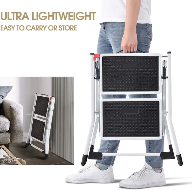Detalle de KINGRACK Folding Step Ladder (2-Step) foldable stepladder stool with handle, non-slip mat, up to 330lb, white