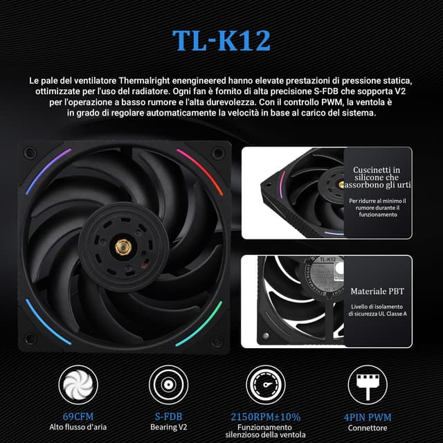 Detalle de Thermalright TR Elite Vision 360 ARGB Black: water cooler CPU con display IPS LCD 320×320 e ventola TL-K12 PWM