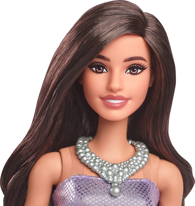 Detalle de Barbie Fashionistas Doll #234 (HYT92) with Brown Hair in Purple Sequined Bubble Dress