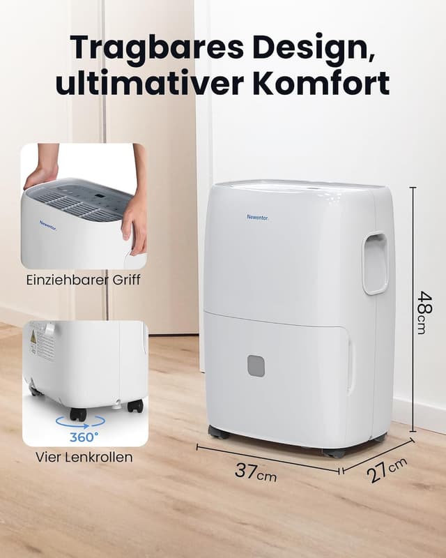 Detalle de Newentor Luftentfeuchter elektrisch 25L für Keller & große Räume (bis 215 m³ / 80 m²) mit Timer, Filter und Ablaufschlauch