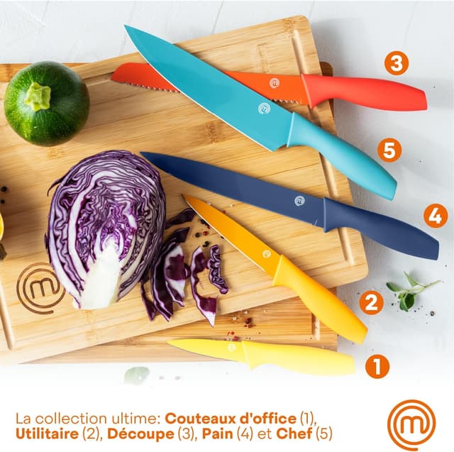 Detalle de Coffret de 5 couteaux de cuisine MasterChef avec bloc — couteau d’office, pain, chef, multi-usage et tranchant