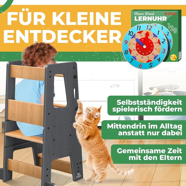 Detalle de KIDIZ® Lernturm für Kinder ab 1 Jahr inkl. Lernuhr – höhenverstellbarer Montessori Learning Tower bis 50 kg