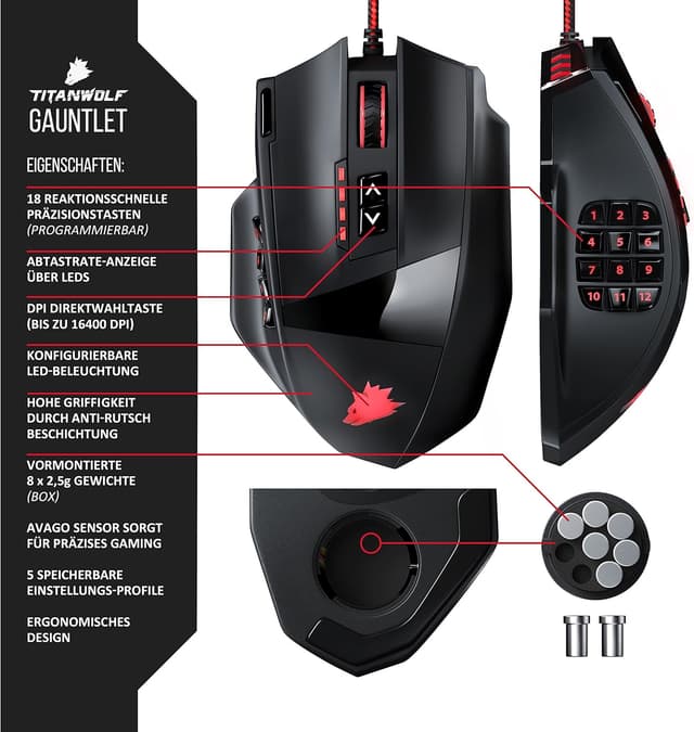 Detalle 2 de Titanwolf Gauntlet Wired Gaming Mouse (USB) mit bis zu 16.400 DPI, 18 Tasten und konfigurierbarer LED-Beleuchtung