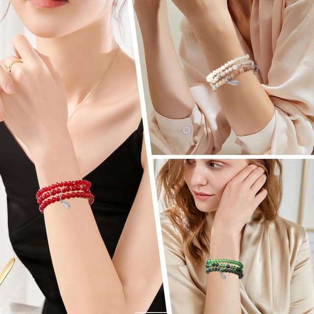 Detalle de Hernin Perlenarmband Stretch Damen – mehrreihiges Boho-Kristallarmband mit Feder-Charme (Braun)