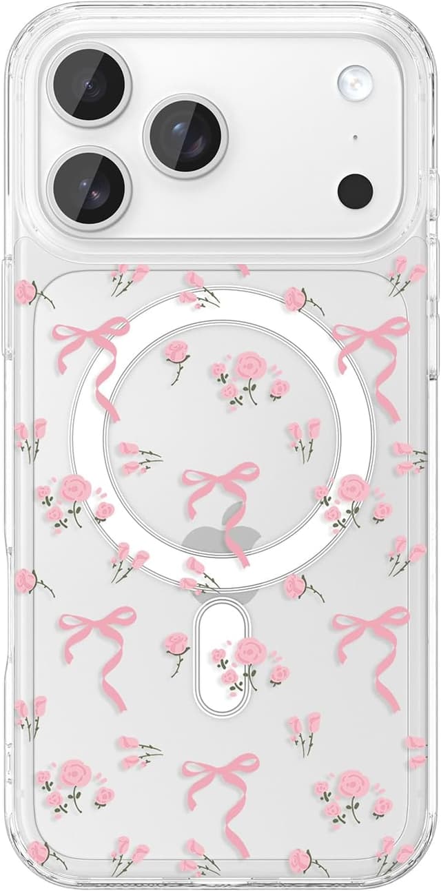 Detalle de ZTOFERA magnetische Handyhülle für iPhone 17 Pro Max (6,9 Zoll) – transparentes TPU mit Schleifen- & Blumenmuster, rosa Blume