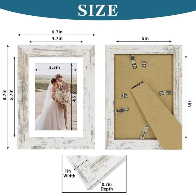 Detalle de Hongkee 5x7 Picture Frame Set of 4 (Real Glass, Distressed White Wooden Frame) for Wall or Tabletop