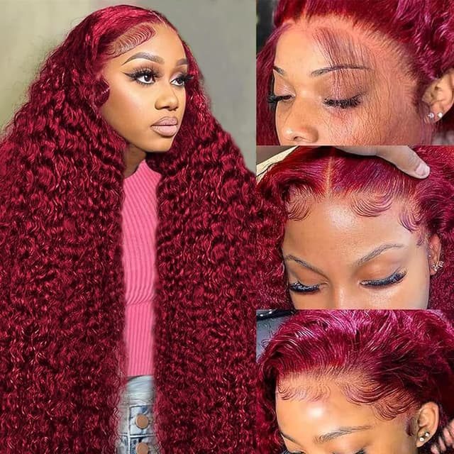 Detalle de KRKRYQ 30 Inch 99J Burgundy Deep Wave 13x6 HD Lace Front Human Hair Wig (180% Density)