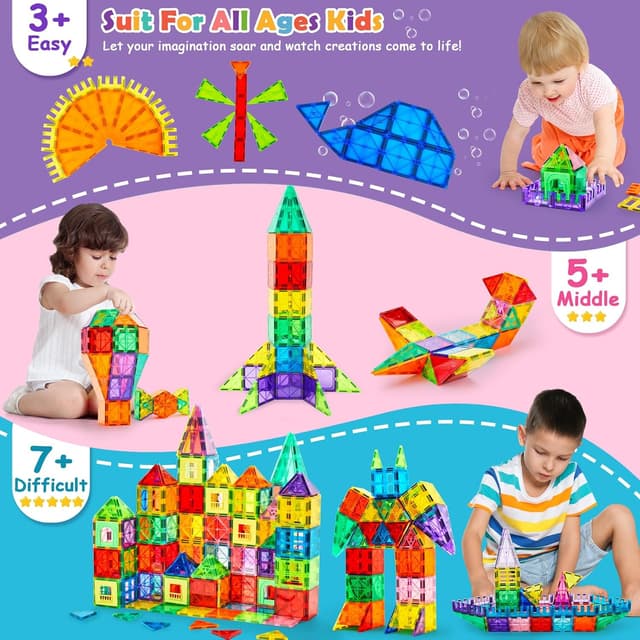 Detalle de Dopyye 132-Piece Magnetic Tiles Building Blocks Set with 2 Rolling Cars (STEM Montessori Toy for Ages 3–9)