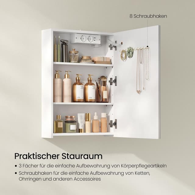 Detalle de EUGAD Spiegelschrank für kleine Badezimmer mit 1 Spiegeltür, 3 Farbtemperaturen & Steckdosen (50 x 70 x 14,5 cm) – Weiß