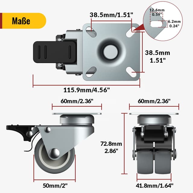 Detalle 2 de 50 mm Möbelrollen mit Sicherheitsbremse – 4er Set Schwerlastrollen (2 gebremst, 2 ohne) mit 400 kg Gesamtkapazität
