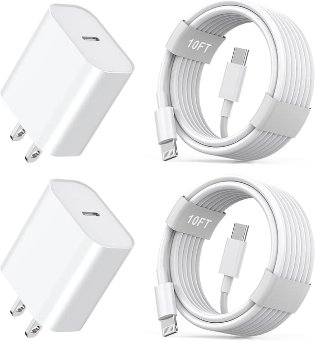Detalle de MFi Certified 2-Pack 20W Fast iPhone Charger with 10FT USB-C to Lightning Cable (MFi) for iPhone 14/13/12/11 and More