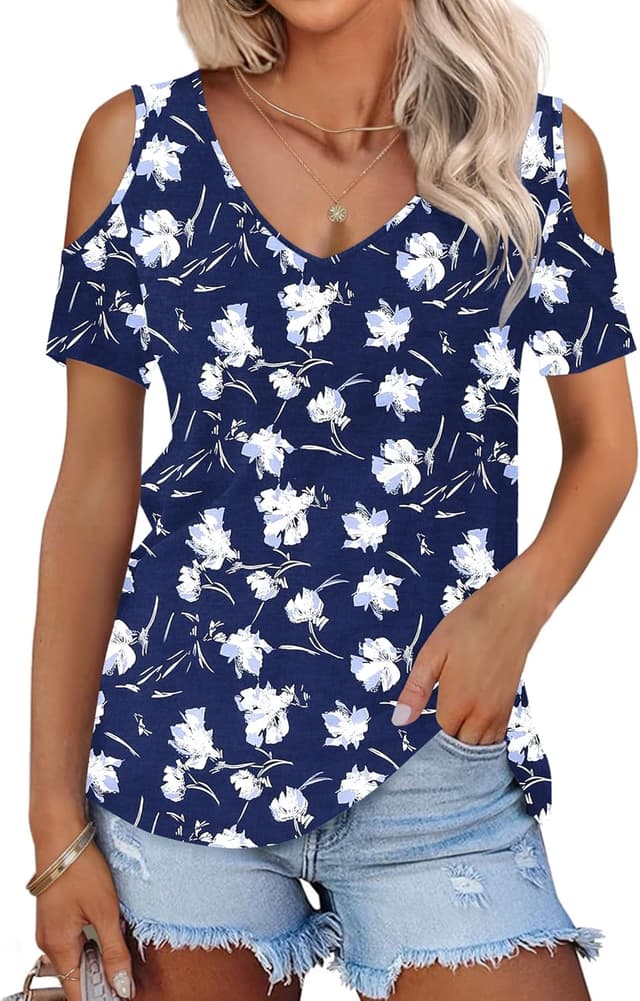 Detalle de WNEEDU Maglietta donna estiva con scollo a V, senza spalline e manica corta