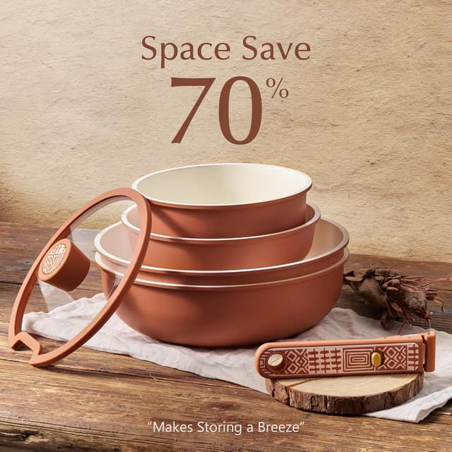 Detalle de CAROTE 21-Piece Ceramic Cookware Set with Detachable Handle (Terracotta)