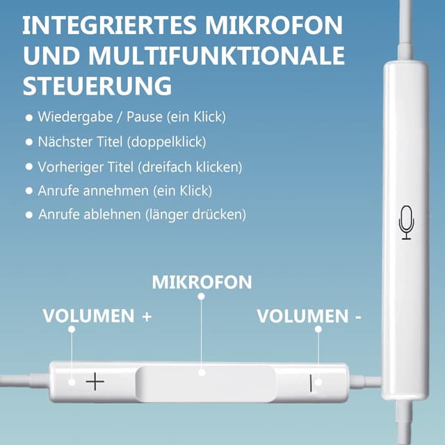 Detalle de USB-C In-Ear Kopfhörer mit Mikrofon und Lautstärkeregler für Phone (17/16/15) & USB-C Geräte
