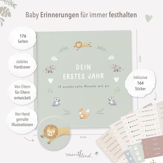 Detalle 2 de mintkind® Mein erstes Jahr Babyalbum Salbei – sanftes Babytagebuch mit 176 Seiten & Sticker-Set (Hardcover, 21 x 21 cm)