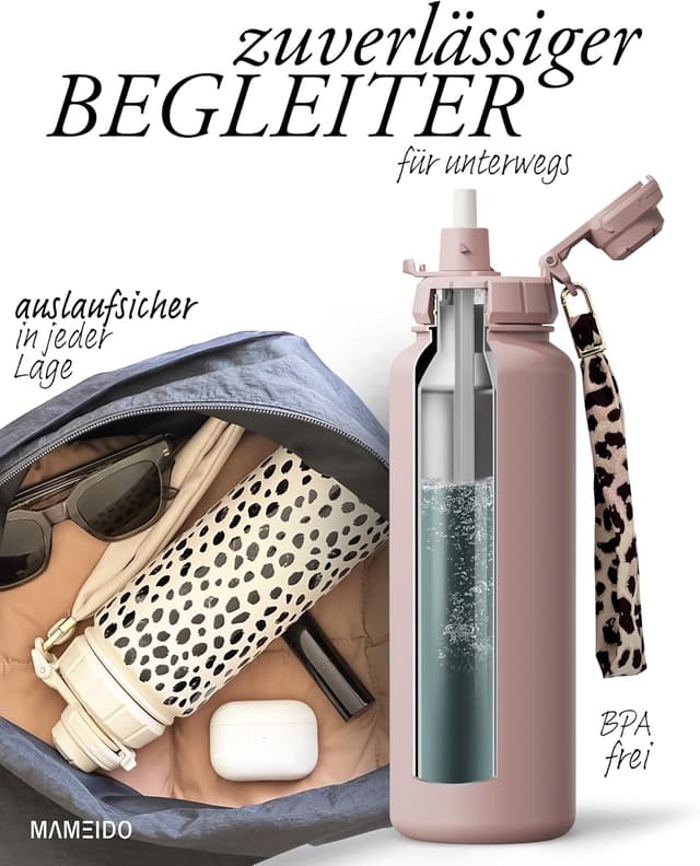 Detalle de MAMEIDO Thermosflasche mit Strohhalm (1,2 l) – auslaufsicher, Edelstahl isoliert, BPA-frei