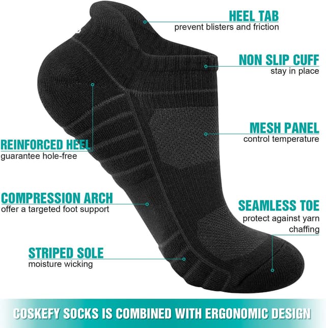 Detalle de Coskefy Thick Cushion Ankle Anti-Blister Running Socks (6 Pairs) – Cotton Trainer Sports Socks