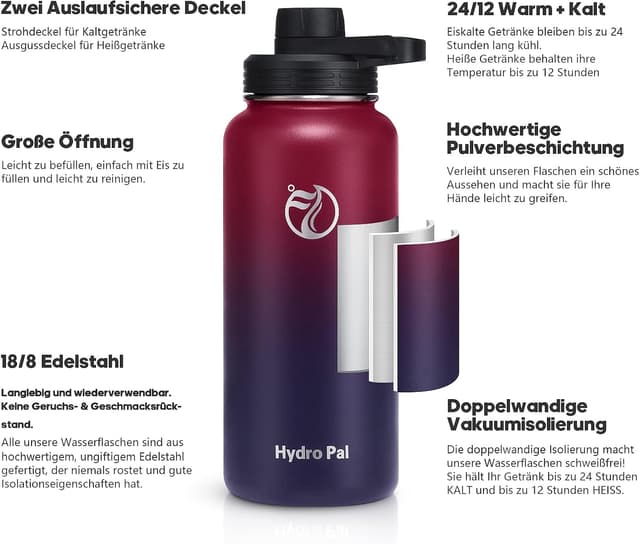 Detalle de HydroPal Edelstahl-Trinkflasche (500 ml bis 1,9 L) mit Strohhalm & 2 Deckeln, BPA-frei, kohlensäuregeeignet