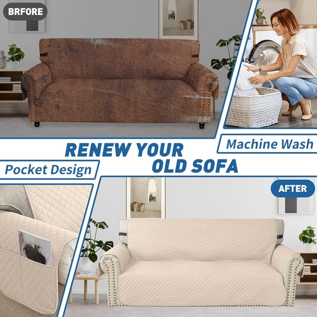 Detalle de YSTELLAA Housse imperméable de canapé 3 places beige avec accoudoirs