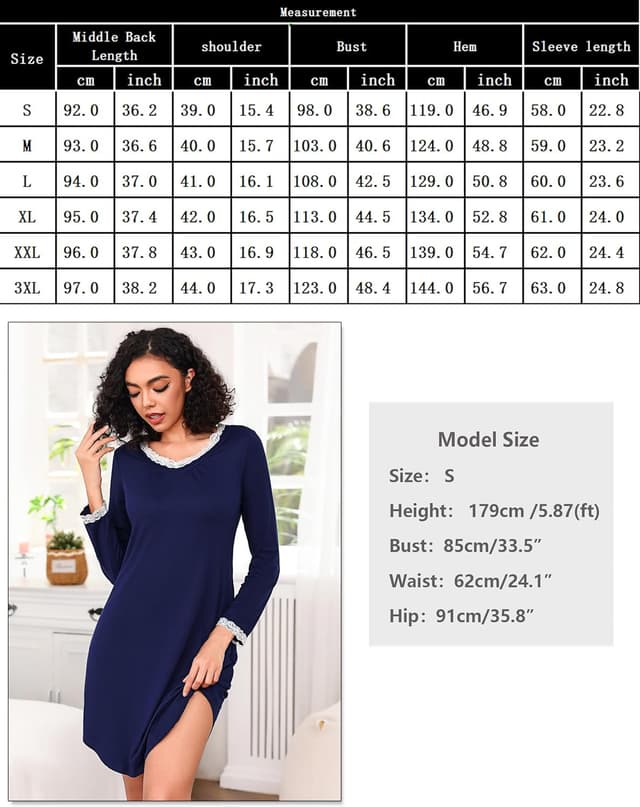 Detalle 2 de Bresdk chemise de nuit femme manches longues en coton à col en V avec dentelle