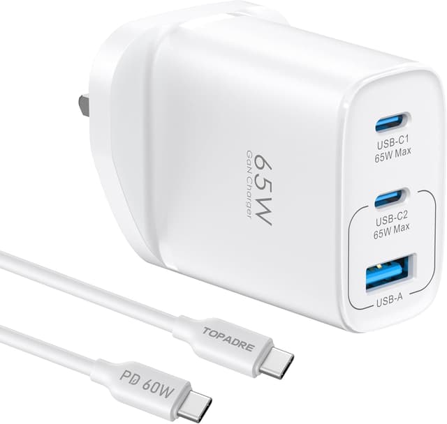 Detalle de TOPADRE 65W USB-C Charger (3 Ports) with QC 4.0, PPS & PD 3.0 for MacBook, iPad, iPhone and Galaxy