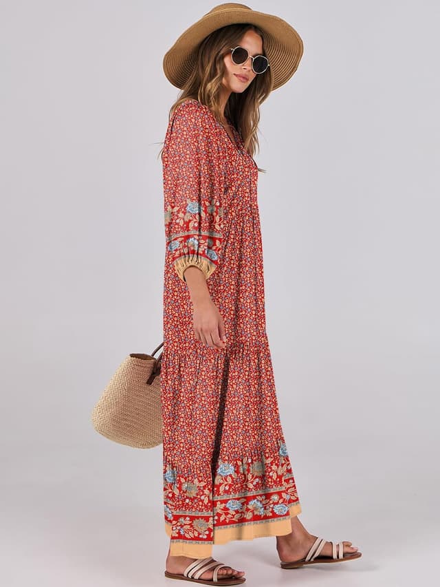 Detalle 2 de ANRABESS Boho Maxi Dress: Floral V-Neck Flowing Swing 🌺