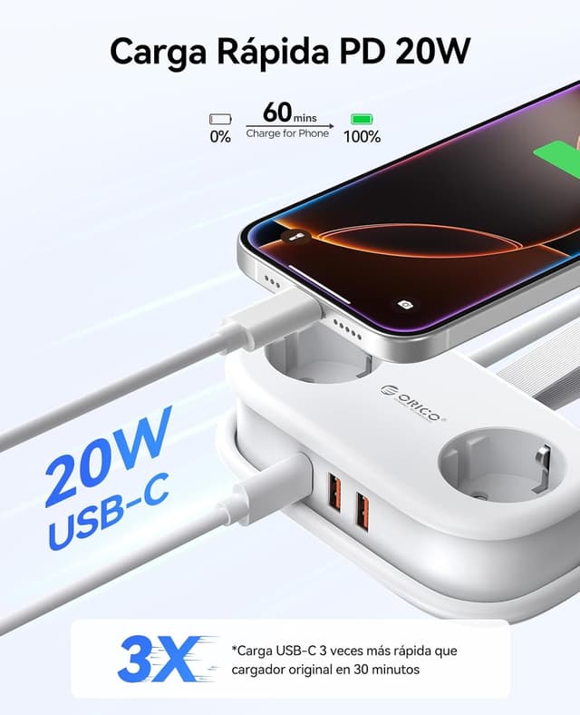 Thumbnail 2 de ORICO AP3-Negro regleta 5 en 1 con USB C 20W