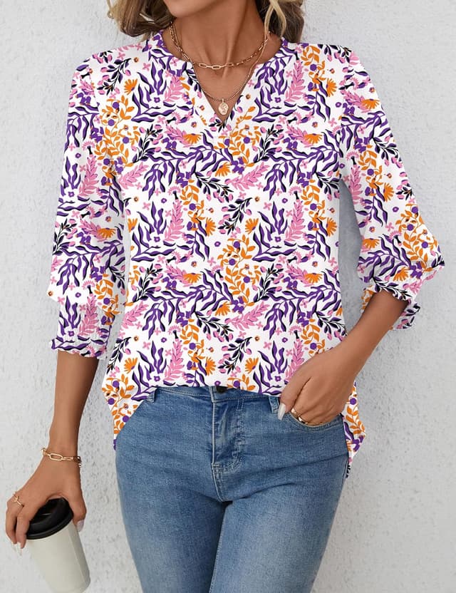 Detalle de LOMON Women’s 2026 Fashion Tops: 3/4 Sleeve Smocked V-Neck Business Casual Blouses (S–4X)