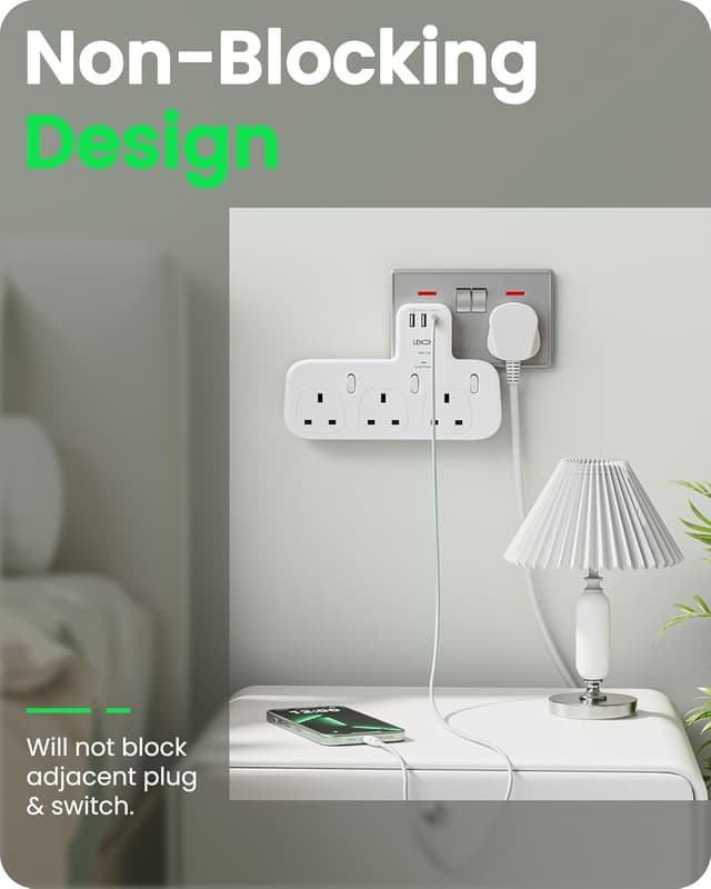 Detalle 2 de LENCENT 3-Way Plug Extension with Surge Protection, 1 USB-C and 2 USB-A Ports (13A, 3250W)