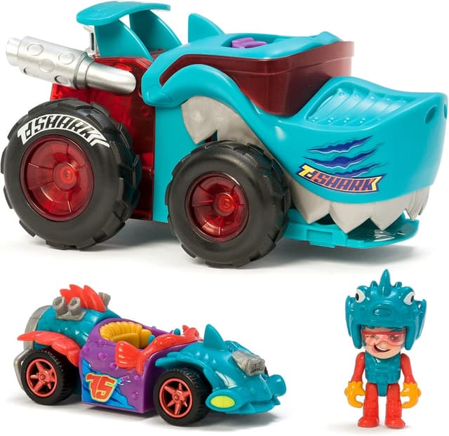 Detalle de T-Racers Mega Wheels T-Shark Fahrzeug-Launcher mit exklusivem Fahrer Velocifish und exklusivem Fahrzeug