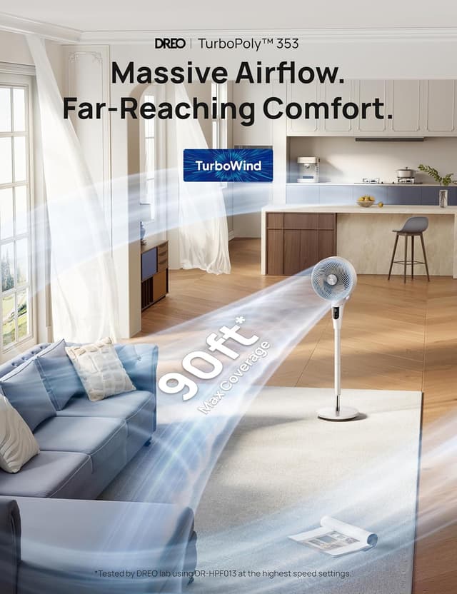 Thumbnail 6 de DREO 2026 Upgraded Fan for Bedroom (90° Oscillating Standing Fan) — 90 ft Airflow, DC Motor, Quiet 20dB