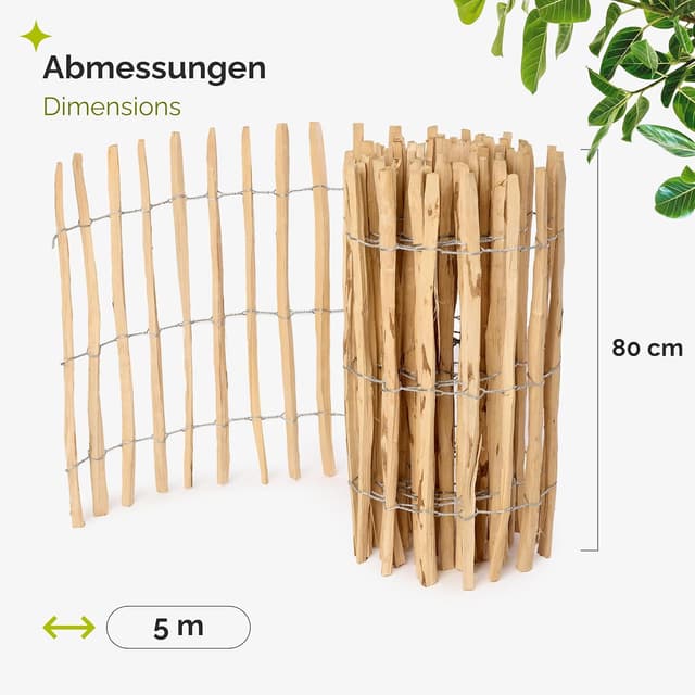 Detalle 2 de Garronda Gartenzaun zum Stecken aus Haselnüsseholz (Lattenabstand: 7–8 cm), 80 x 500 cm – für Beeteinfassung & Grundstücksabgrenzung