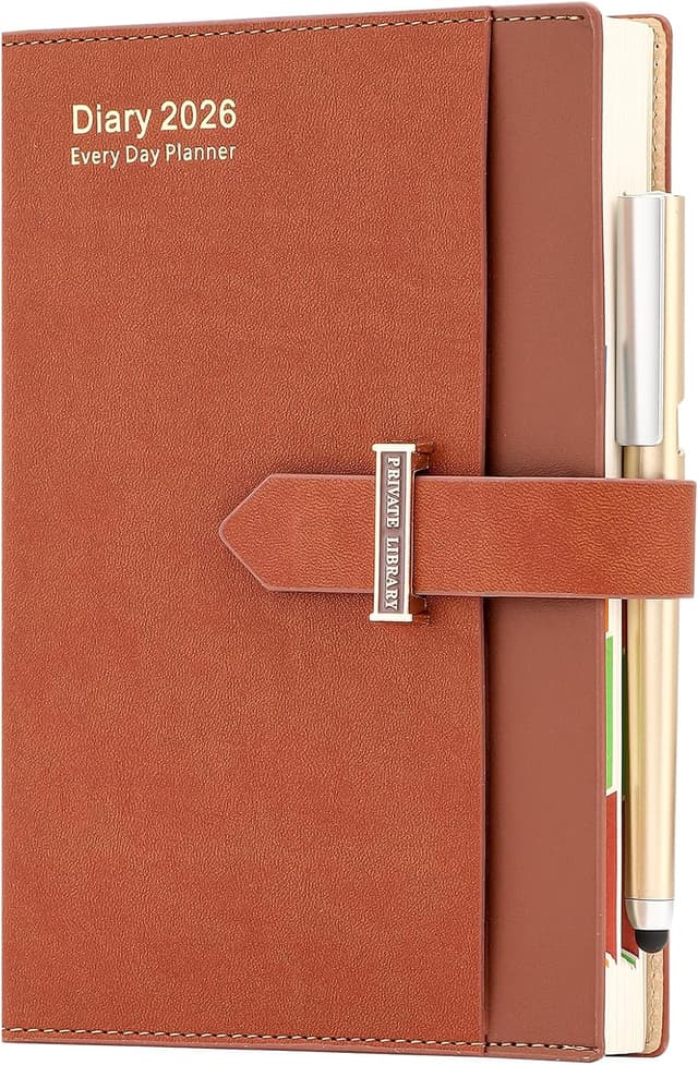 Detalle de Academic Diary 2026 A5 Day per Page (Jan 2026–Dec 2026) with Month View & Pen, Brown Hardcover