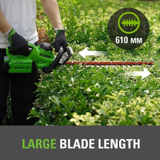 Detalle de Greenworks G40HT61K2 cordless hedge trimmer (61cm) with dual action blades