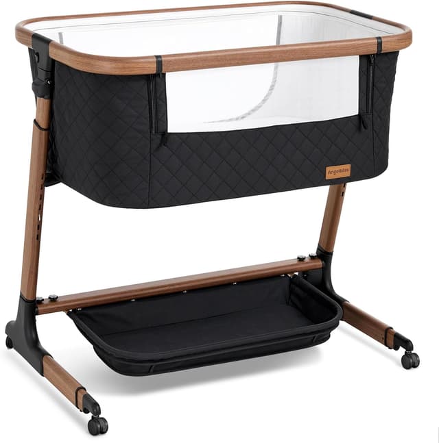Detalle de ANGELBLISS Electric Baby Bassinet Bedside Sleeper with Auto Rocking (Remote/Touch), 12 Sounds, 6 Heights, Storage & Wheels (Black) with Breathable Mesh